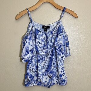 BCX White Blue Patterned Cold Shoulder Shirt